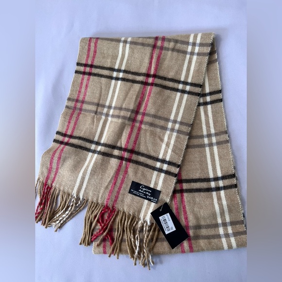 CEJON Scarf Tan Plaid Fringe Soft Made in Italy 11" x 65" - Picture 4 of 5